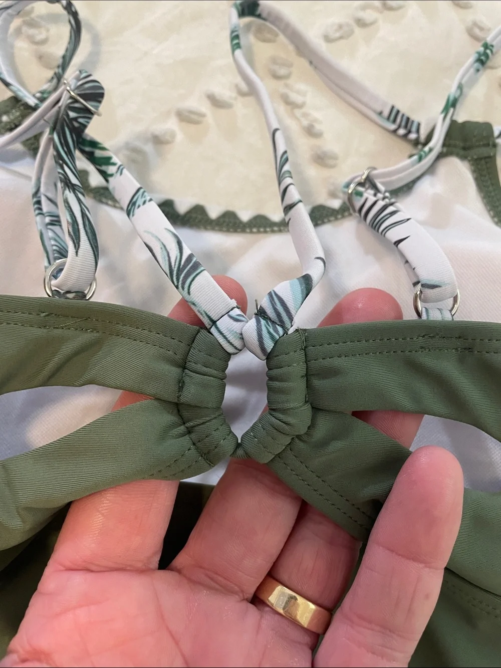 Funnycokid Olive Green Tankini Top with Palm-Print High-Waist Bikini Bottoms new